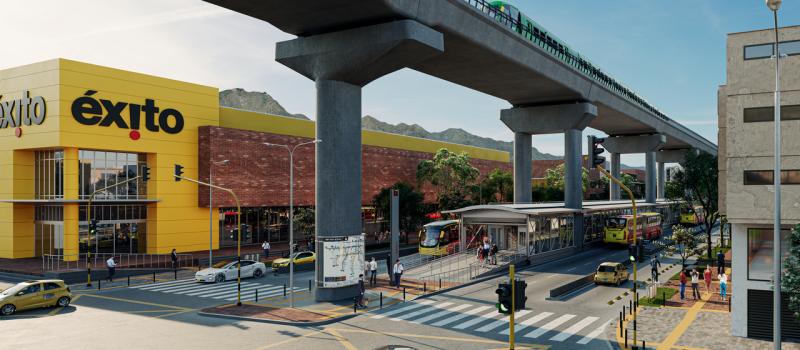 Render ilustrativo de la estación Marly de TransMilenio integrada con la Primera Línea del Metro de Bogotá.